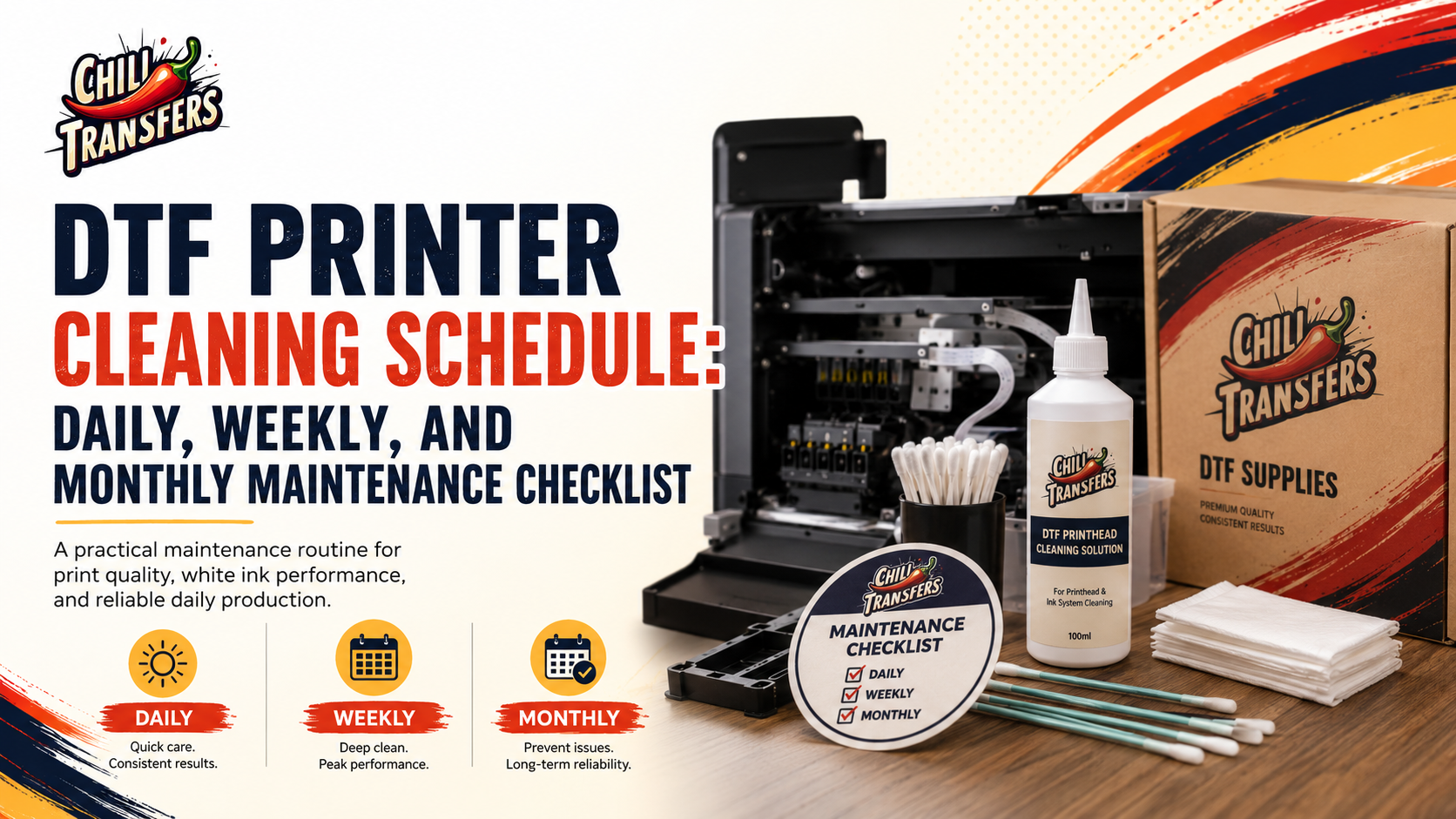 DTF printer cleaning schedule with daily, weekly, and monthly maintenance checklist, cleaning solution, swabs, printer, and Chili Transfers supplies.
