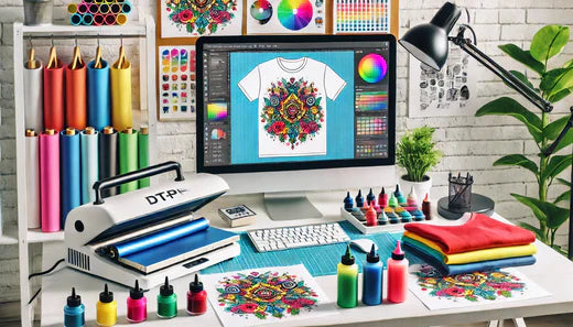Creative workspace with DTF transfer machine, colorful inks, and custom t-shirt printing supplies.