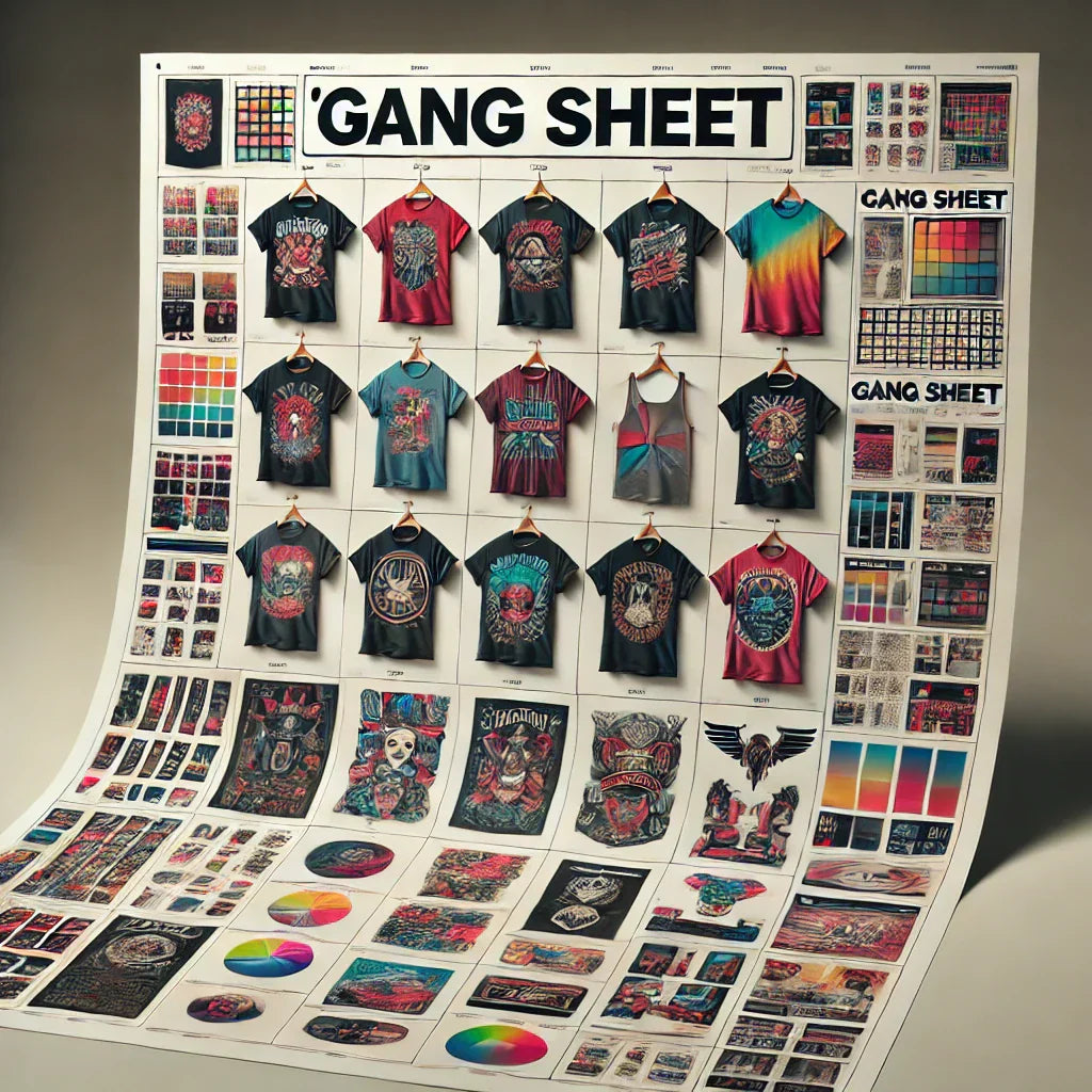 Various custom designs printed on a DTF gang sheet for efficient transfer to apparel.