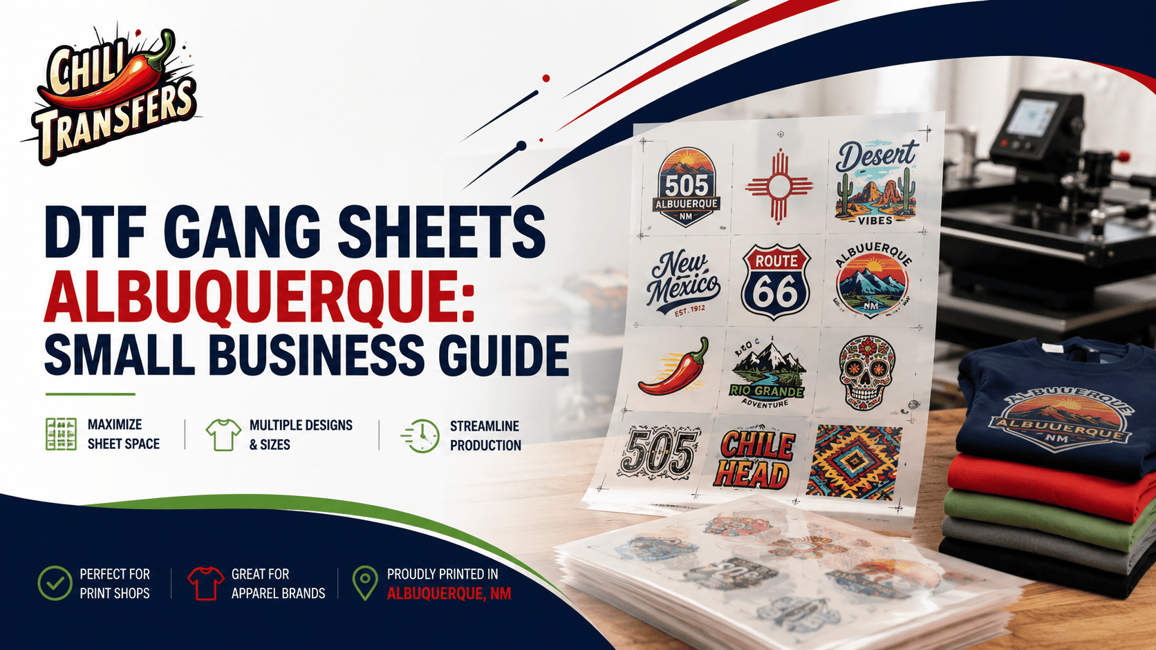 Chili Transfers blog banner for DTF gang sheets in Albuquerque, featuring custom transfer sheets and apparel printing for small businesses.