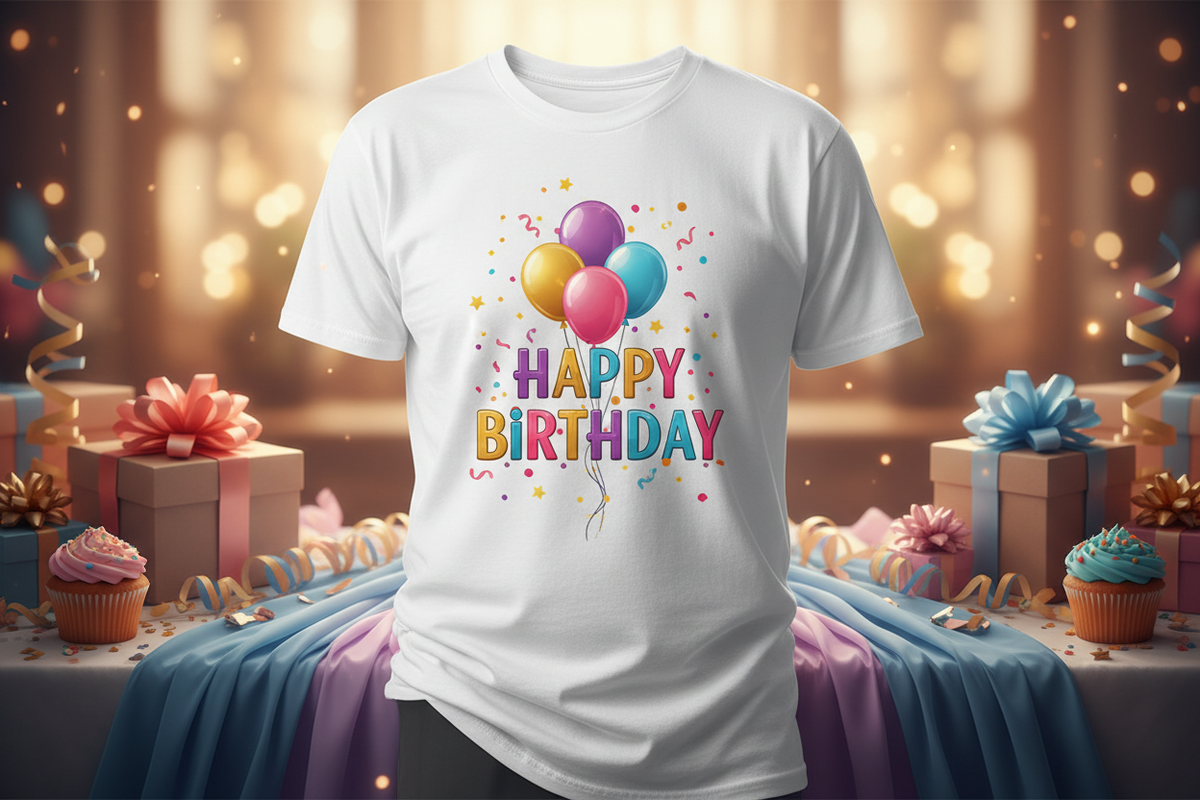White T-shirt with colorful Happy Birthday design, balloons, gifts, and cupcakes.