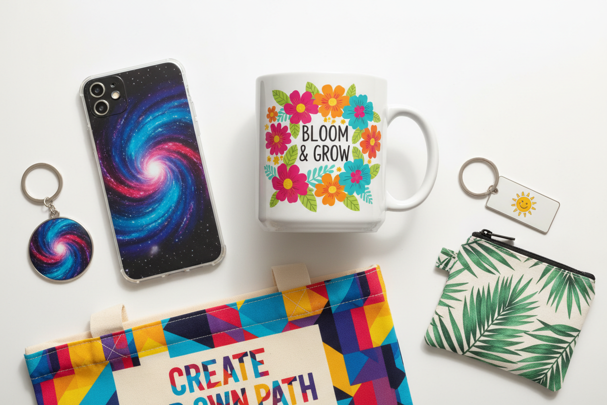 Custom printed products including a phone case, mug, tote bag, keychains, and pouch with colorful designs