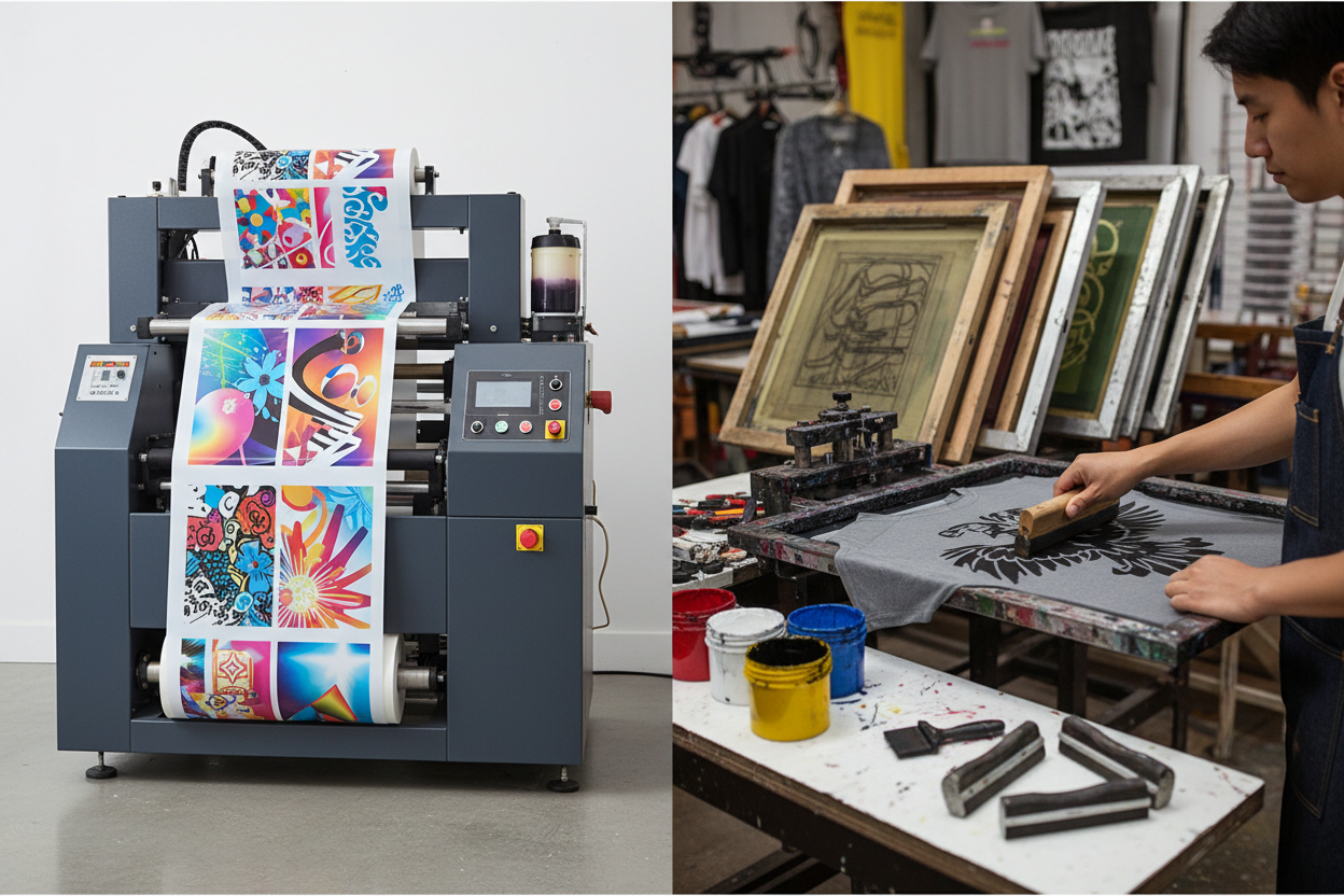 DTF printer and screen printing process side by side.