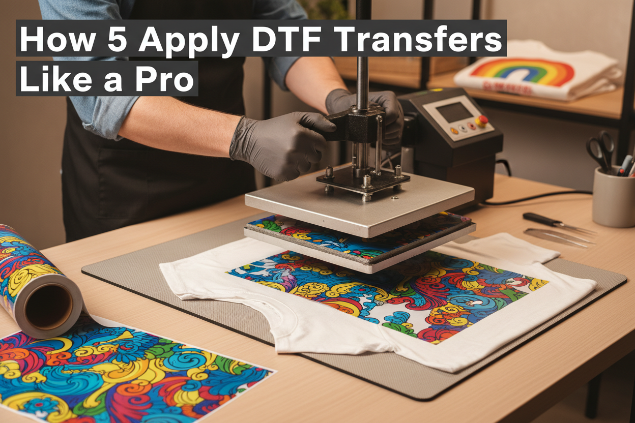 Applying DTF transfers on a custom printed T-shirt with heat press.