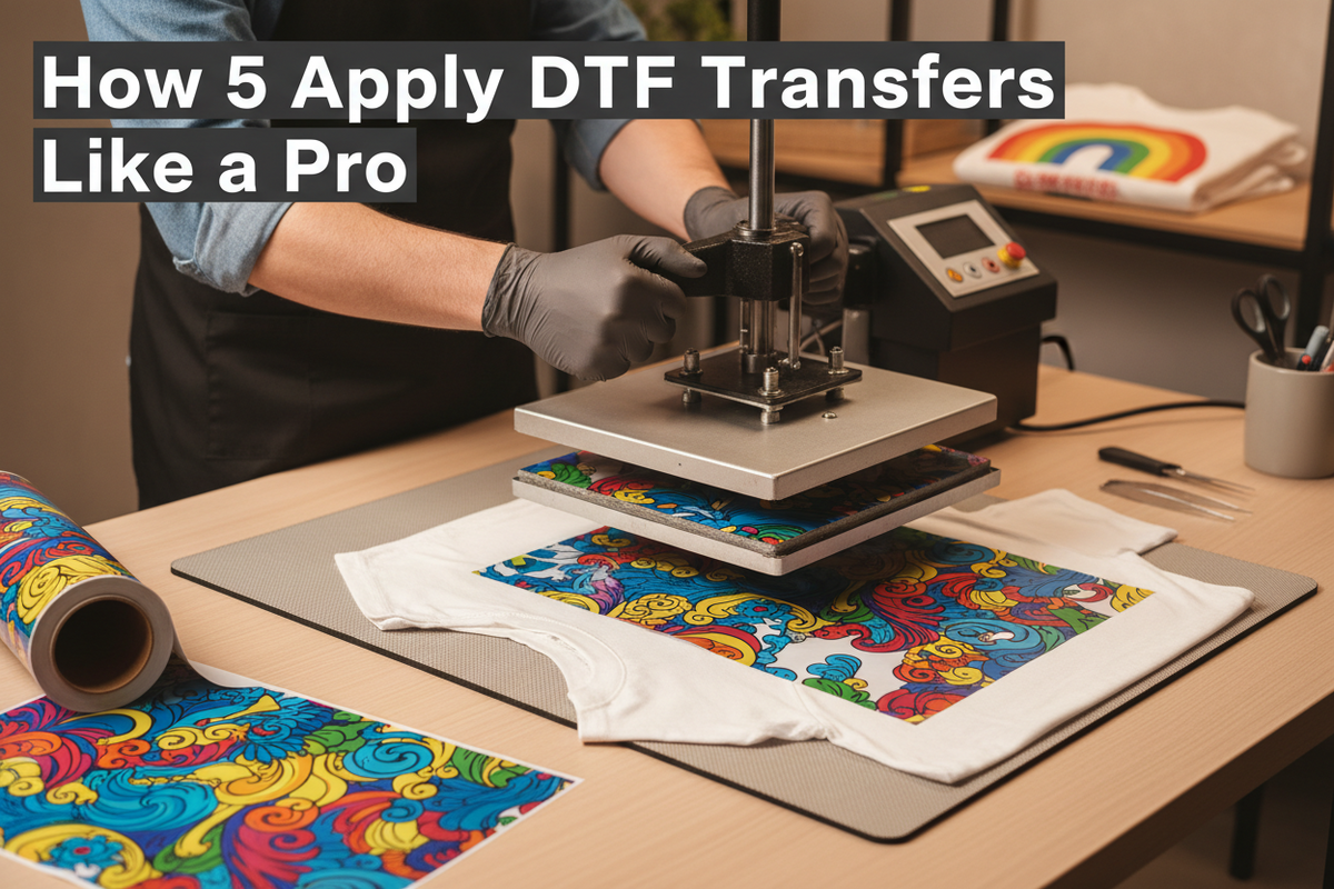 Applying DTF transfers on a custom printed T-shirt with heat press.