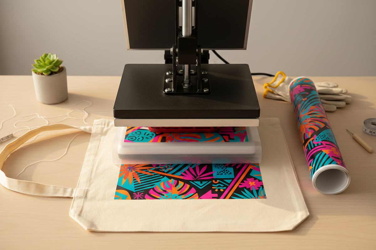 Heat press applying a colorful DTF transfer design onto a natural canvas tote bag, with gloves, measuring tape, and printed transfer roll on a craft table.
