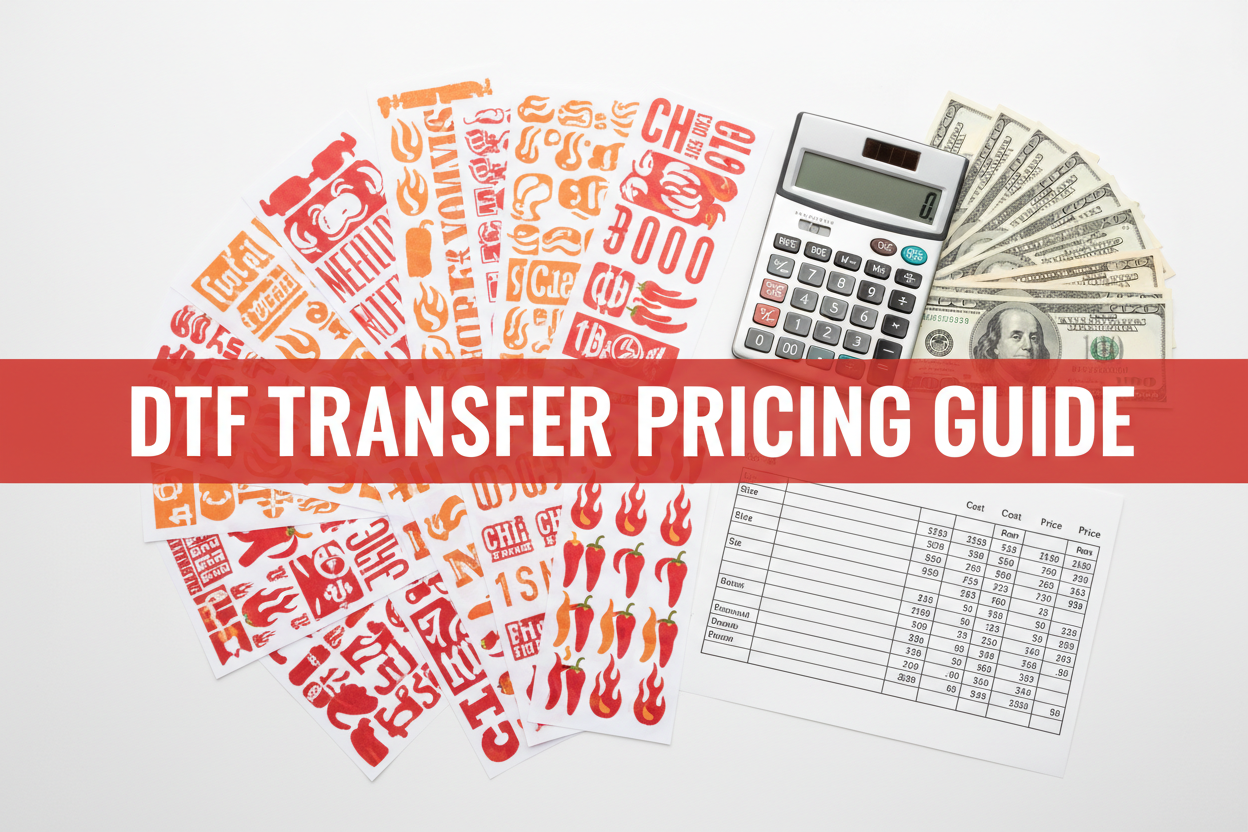 DTF transfer pricing guide with colorful transfer sheets, calculator, cash, and pricing chart on a white background
