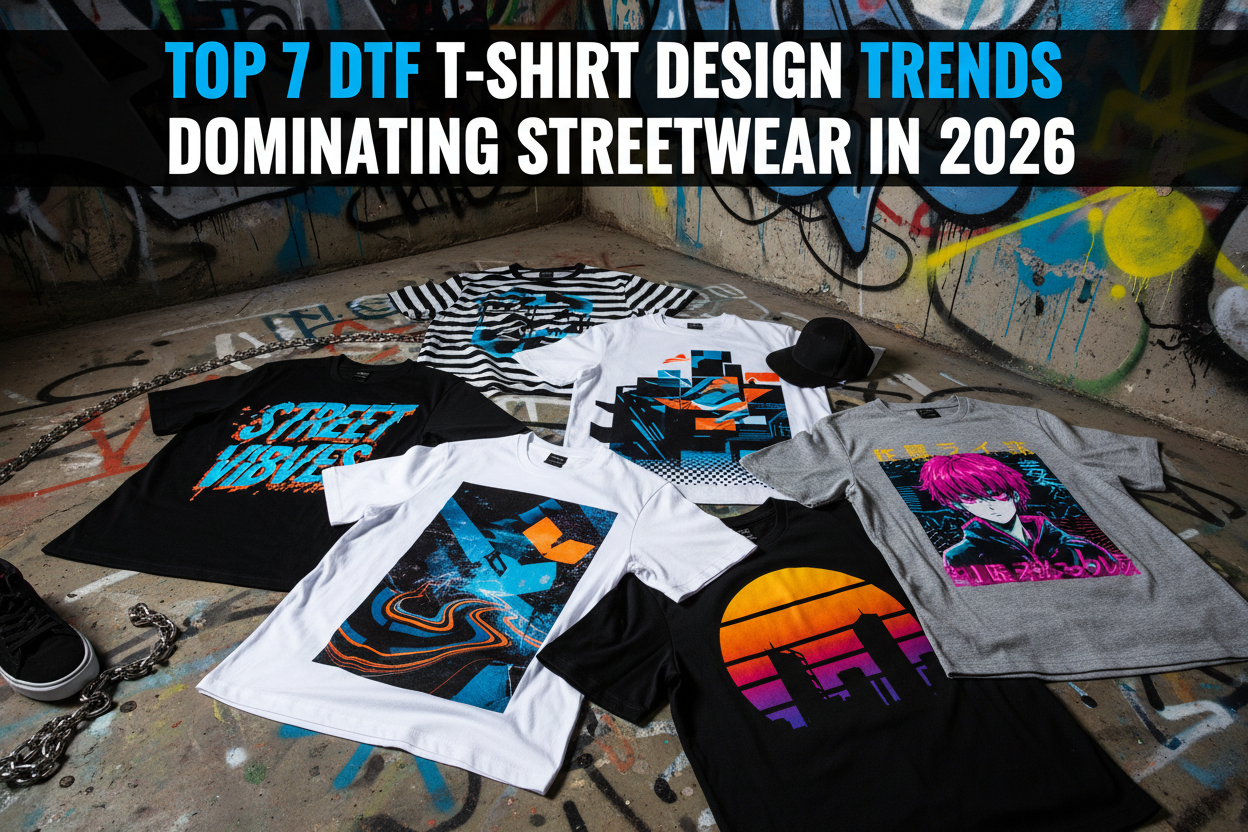 High-resolution DTF T-shirt design featuring a Cyber-Vintage aesthetic with grainy 90s textures and neon-lit chrome typography on a black heavy cotton garment.