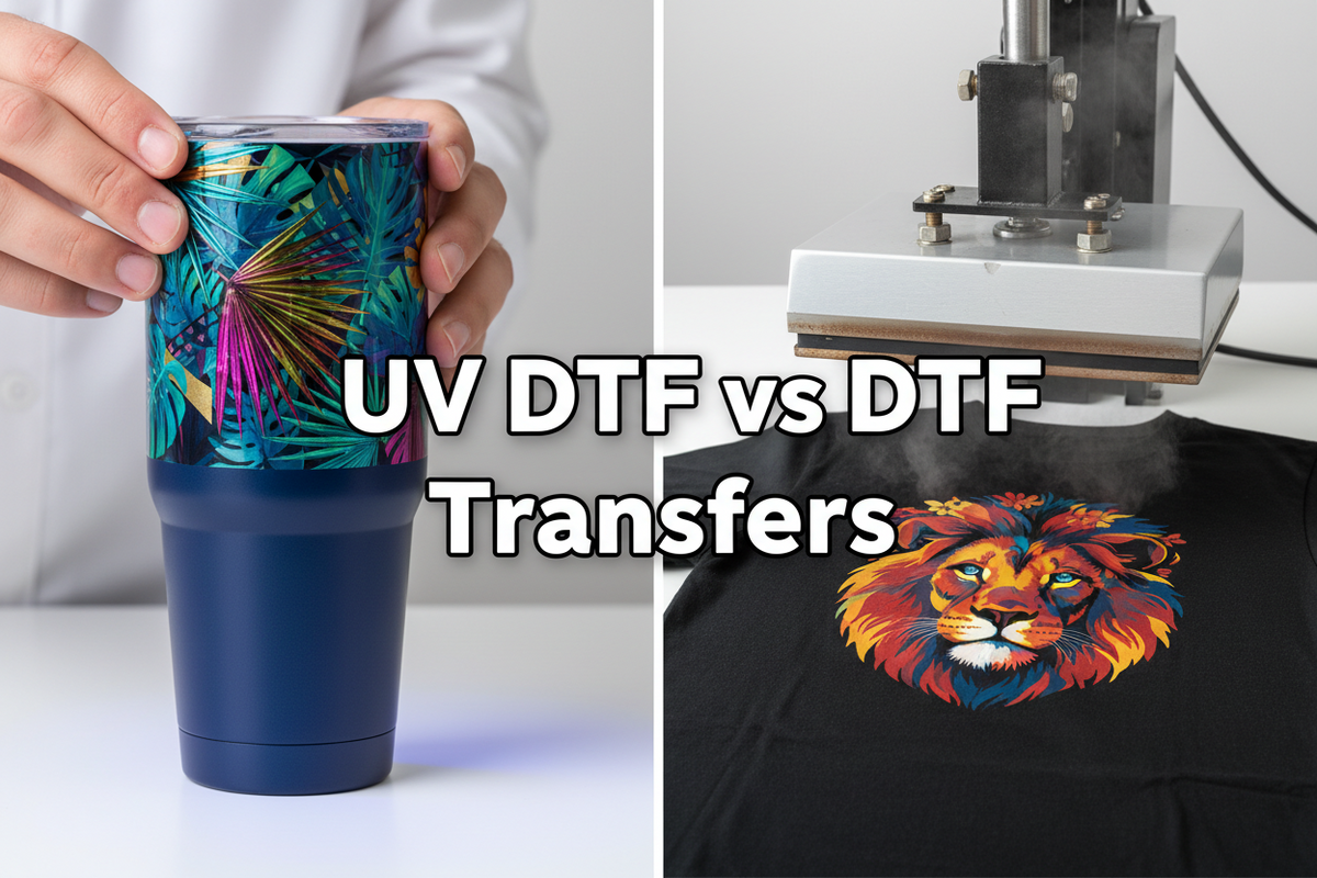 UV DTF vs DTF transfers comparison showing a decorated tumbler with UV DTF film beside a heat press applying a colorful DTF design onto a black t-shirt.