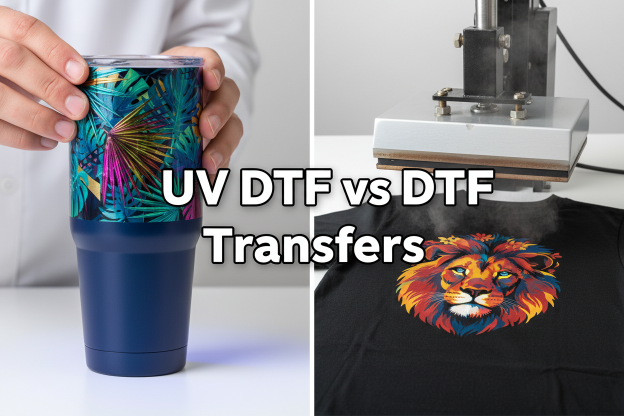 UV DTF vs DTF transfers comparison showing a decorated tumbler with UV DTF film beside a heat press applying a colorful DTF design onto a black t-shirt.