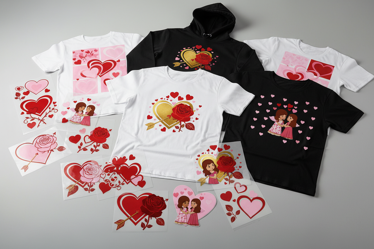 Valentine’s Day DTF transfers displayed on t-shirts and a hoodie with heart, rose, and love-themed ready-to-press designs.