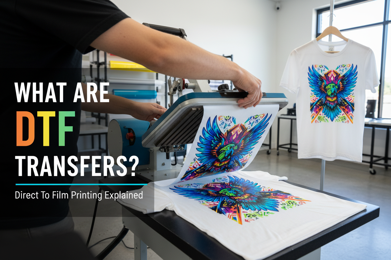 DTF transfer printing process on a white t-shirt using a heat press machine