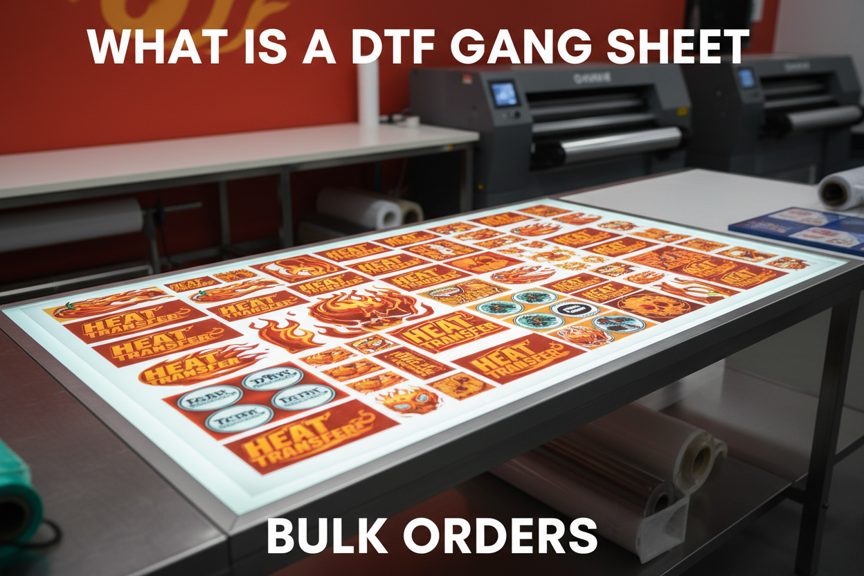 DTF gang sheet with multiple heat transfer designs prepared for bulk orders