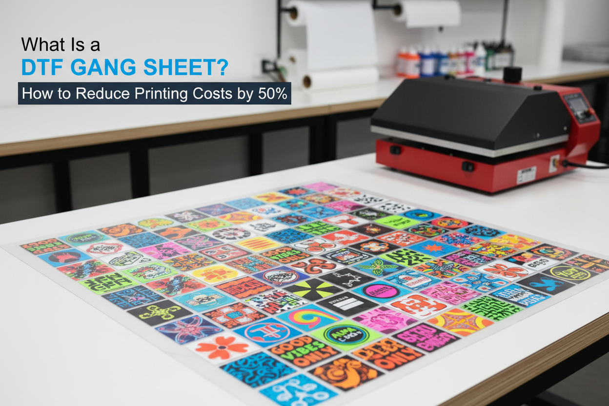 Colorful DTF gang sheet beside a DTF printer