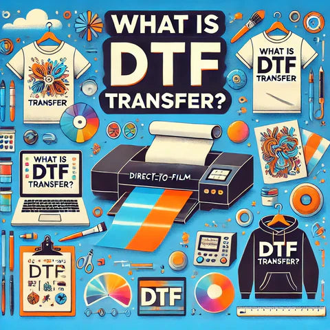 Illustration of DTF transfer process with printer, colorful film, apparel and 'What is DTF Transfer?' text.