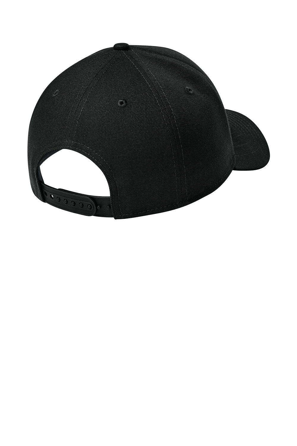 Back view of a plain black snapback cap with adjustable strap, ideal for custom transfers
