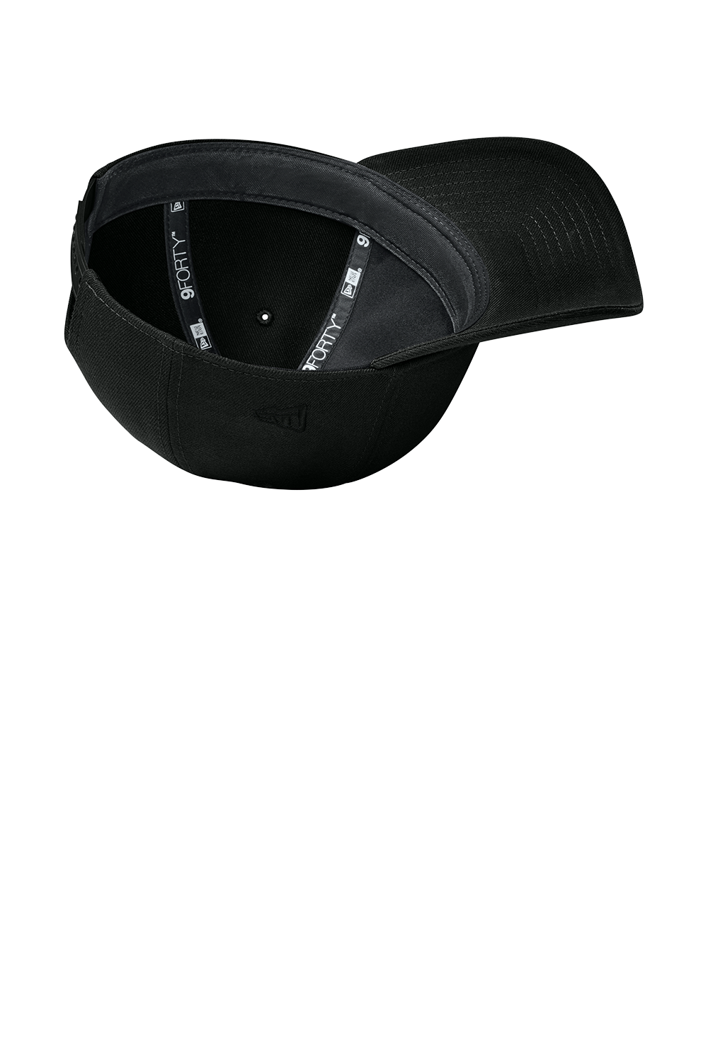 Inside view of a black 9FORTY curved brim cap, adjustable strap, blank for custom prints.
